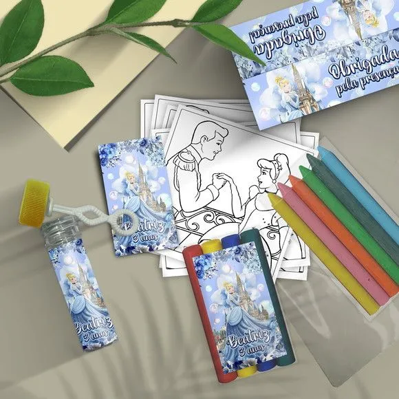 Kit Massinha + Giz + Bolha - Cinderela Personalizado - feito à mão por Mi Papelaria Criativa