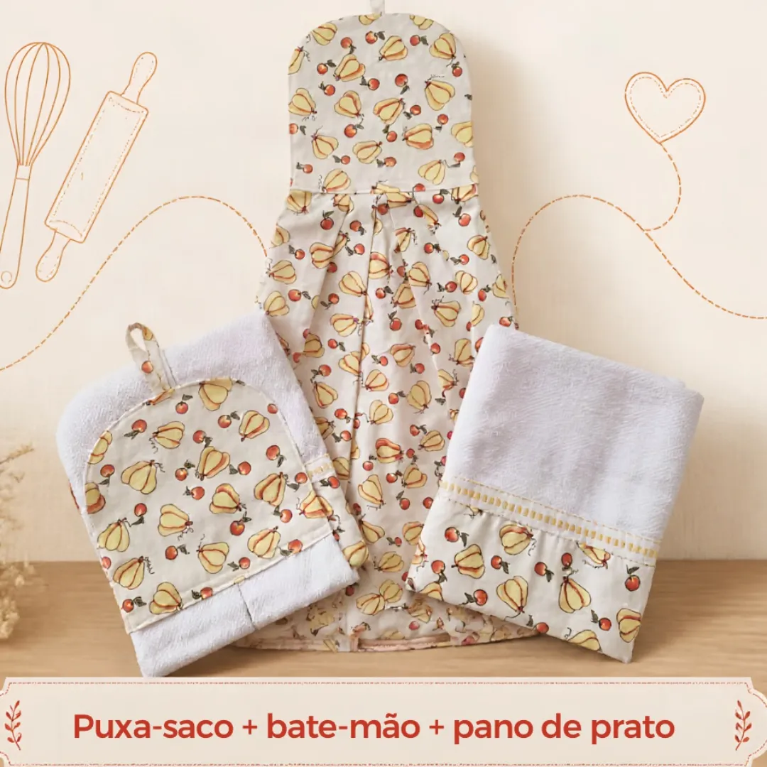 Kit 3 peças - Pano de prato, Bate mão e Puxa saco 1 - artesanato feito à mão por Djulik