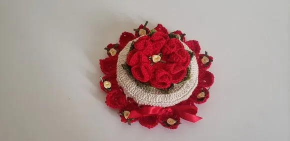 Capa para Tampa em Crochê Pote Vidro 3200 ml Cru /vermelho - foto 2