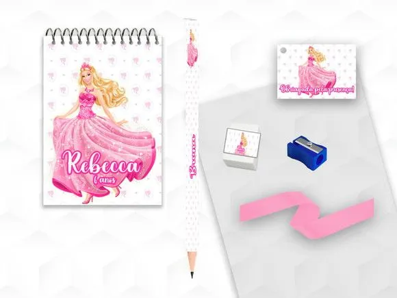 Bloquinho+ Borracha e Apontador Barbie Personalizada - artesanato feito à mão por creativitybynina