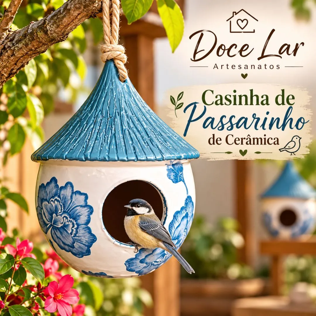 Casinha de Passarinho de Cerâmica Artesanal Floral Azul Infinito