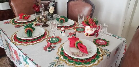 Conjunto Sousplat Natal Luxo Crochê Vermelho Verde 18 Peças - foto 4