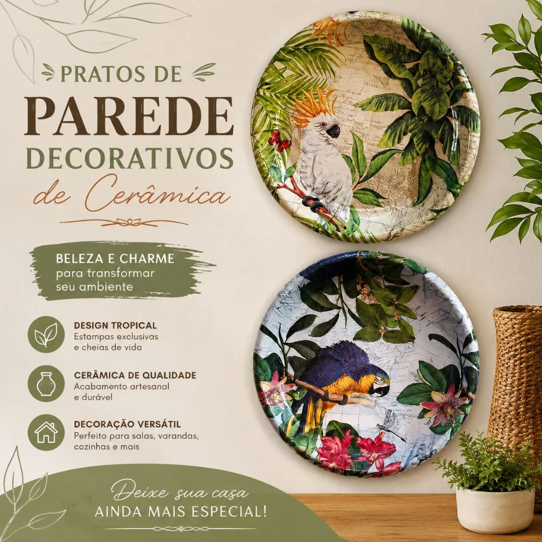 Kit 2 Prato de Parede Enfeite Decorativo De Cerâmica Artesanal Pássaros