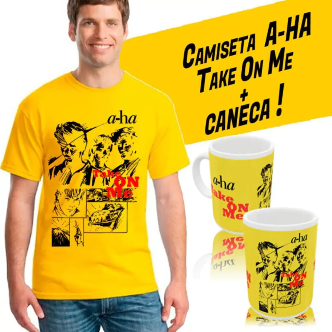Kit camiseta+caneca a-Ha, wave anos 80, estampa take on me, exclusiva tamanhos unisex - artesanato de Lado B Rock Camisetas