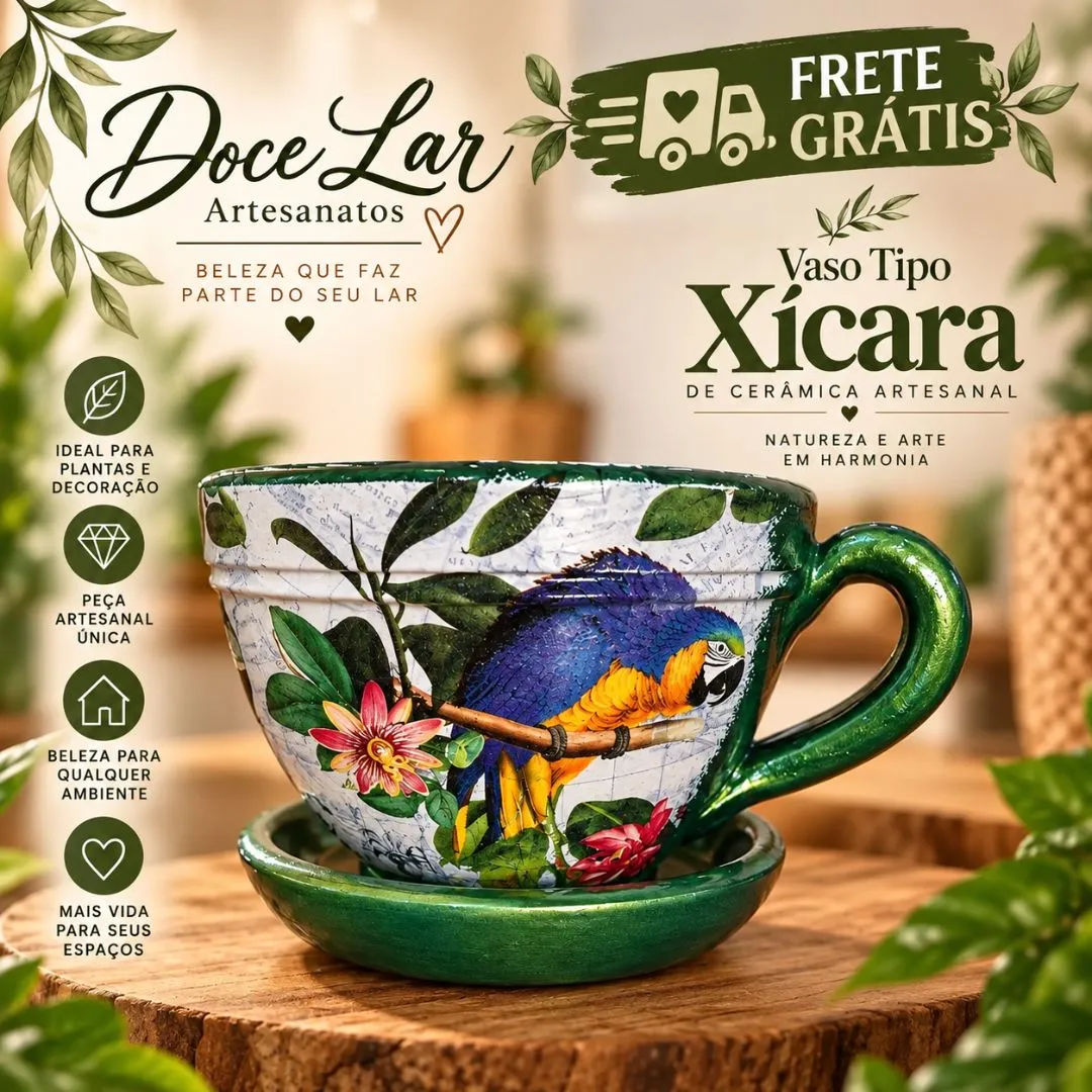 Vaso de Planta Tipo Xícara de Cerâmica Tamanho Médio Artesanal Arara