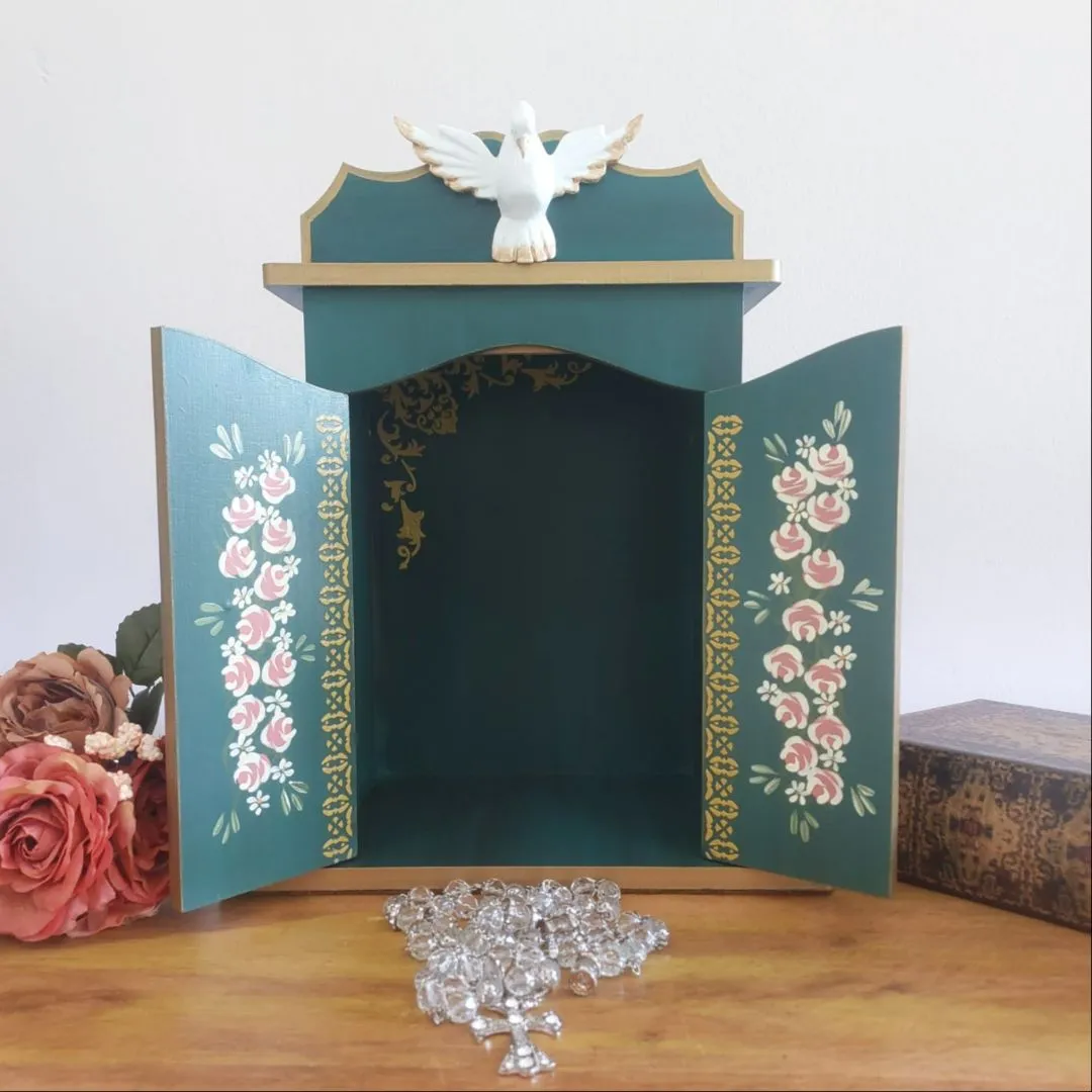 Oratório Capela Com Porta Para Imagens De Até 20cm Azul Ouro Preto - Com Iluminação Azul Porta Almofadada - foto 2