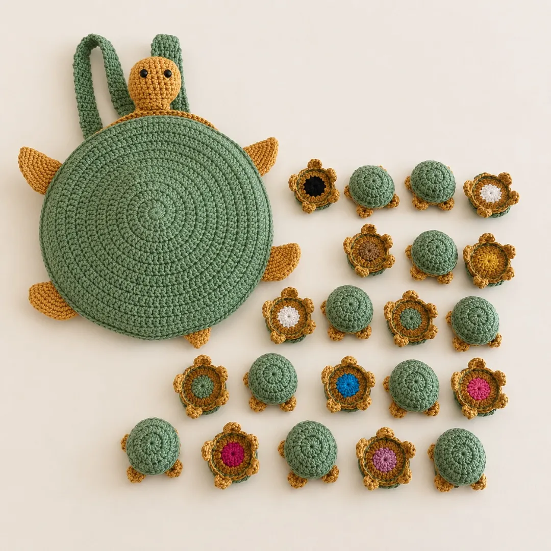 Mochila Tartaruga de Crochê com Jogo da Memória – 20 Peças - artesanato feito à mão por Blossom Atelie