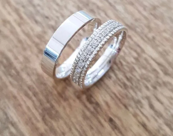 Par Alianças de Namoro Prata 950 4mm + Anel Solitário - artesanato feito à mão por TM JOIAS