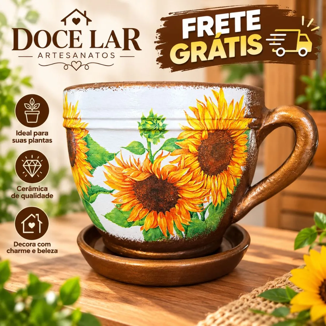 Vaso de Planta Tipo Xícara de Cerâmica Tamanho Grande Artesanal Girassol Ferro - foto 3