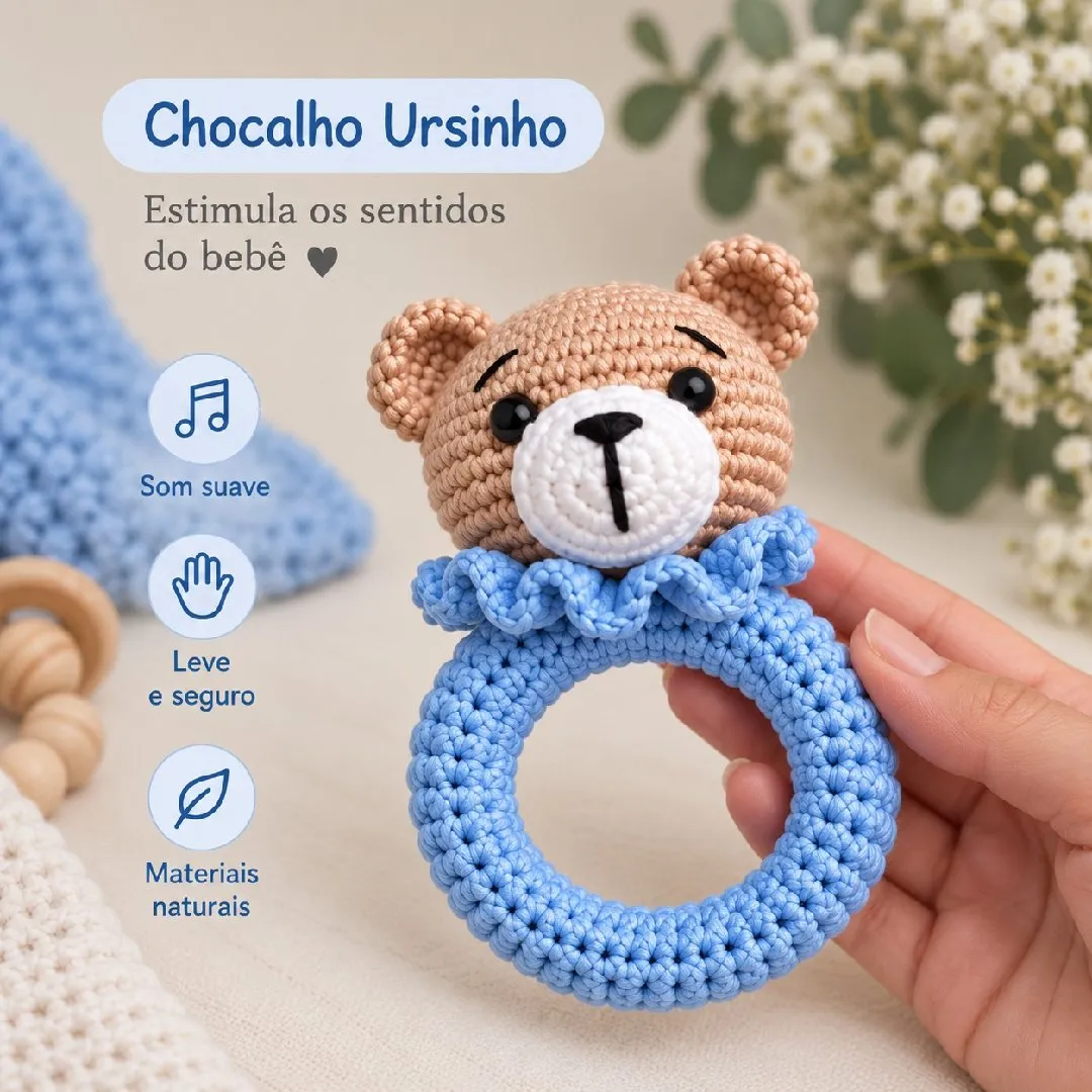 Kit Bebê Ursinho Amigurumi em Crochê – Chocalho e Prendedor de Chupeta - foto 4