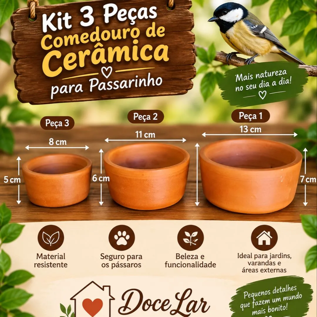 Kit 3 Peças Comedouro e Bebedouro Para Pássaros De Barro Cerâmica