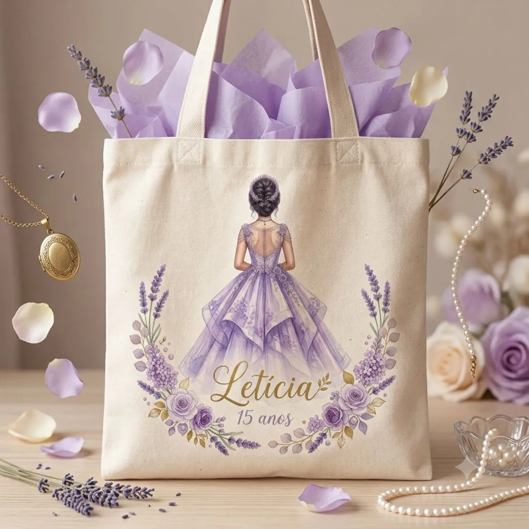 Lembrancinha Sacola Mini Ecobag Personalizada Algodão Cru 20x20 Estampa DTF 15 anos - artesanato de Limão e Amora Festas