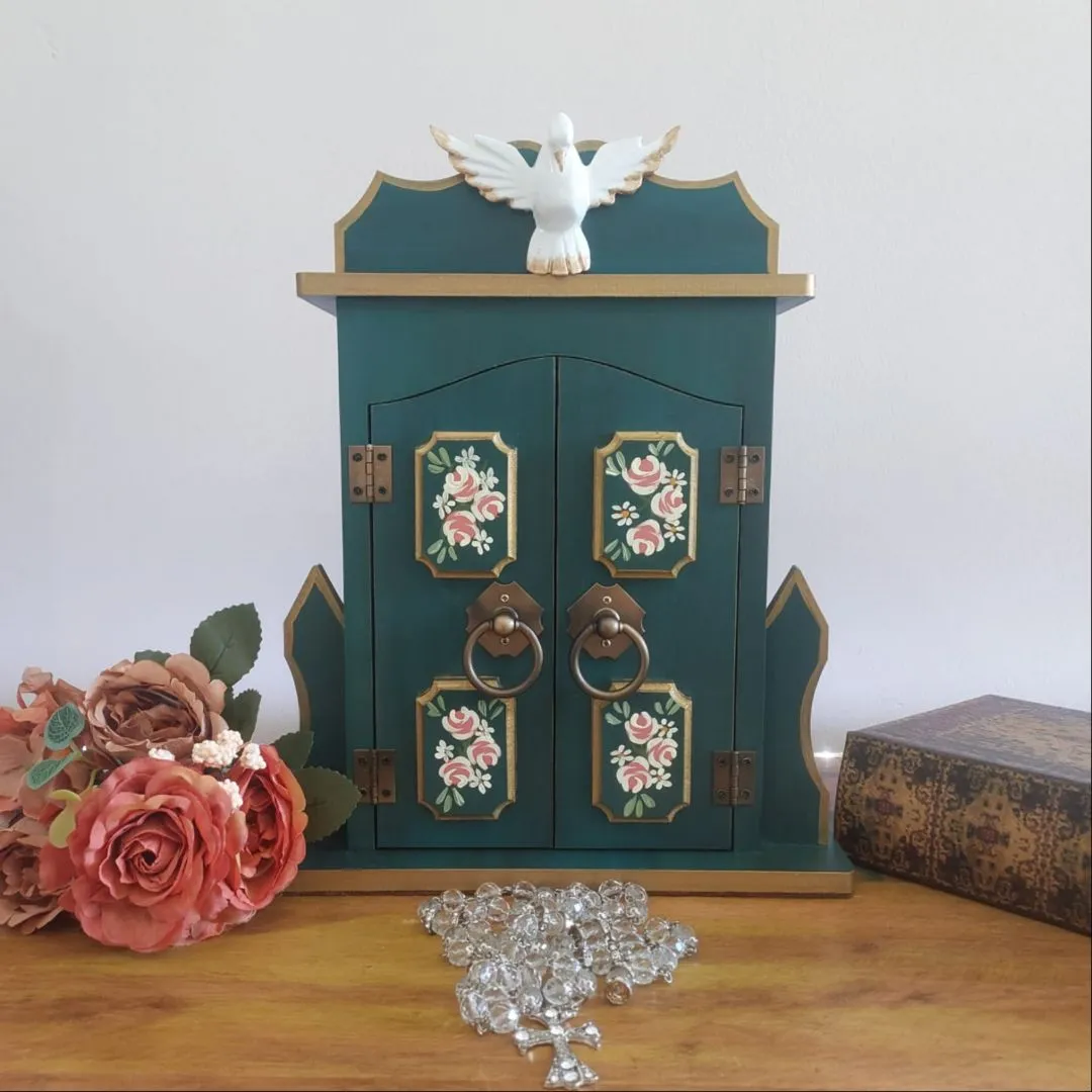 Oratório Capela Com Porta Para Imagens De Até 20cm Azul Ouro Preto - Com Iluminação Azul Porta Almofadada - foto 4
