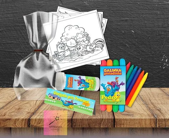 Kit Massinha + Giz + Bolha Galinha Pintadinha Personalizado - feito à mão por Artmanha Lembrancinhas