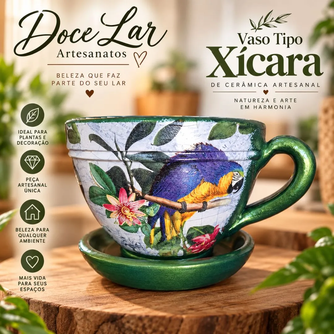 Vaso de Planta Tipo Xícara de Cerâmica Tamanho Médio Artesanal Arara