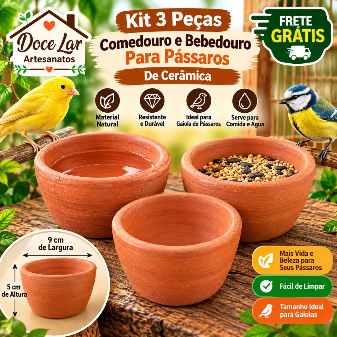 Kit 3 Peças Comedouro e Bebedouro para Gaiola de Pássaros De Cerâmica - foto 2