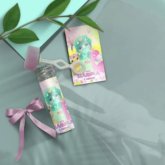 Bolha de Sabão - Dino Baby Rosa Personalizado - artesanato feito à mão por Mi Papelaria Criativa