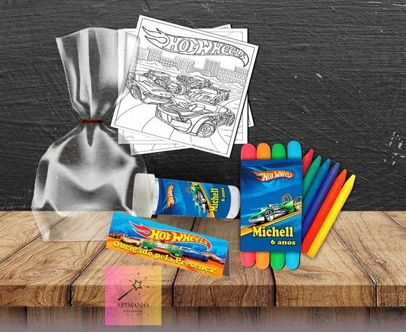 Kit Massinha + Giz + Bolha Hotwheels Personalizado - feito à mão por Artmanha Lembrancinhas