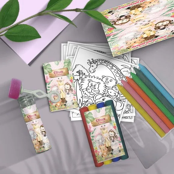 Kit Massinha + Giz + Bolha - Safari Rosa Personalizado - artesanato feito à mão por Mi Papelaria Criativa