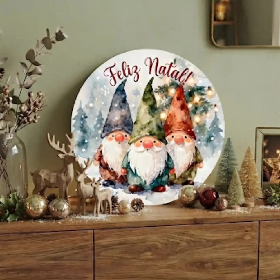 Placa decorativa MDF 35 cm Guirlanda de Natal enfeite de porta Duendes - artesanato feito à mão por Limão e Amora Festas
