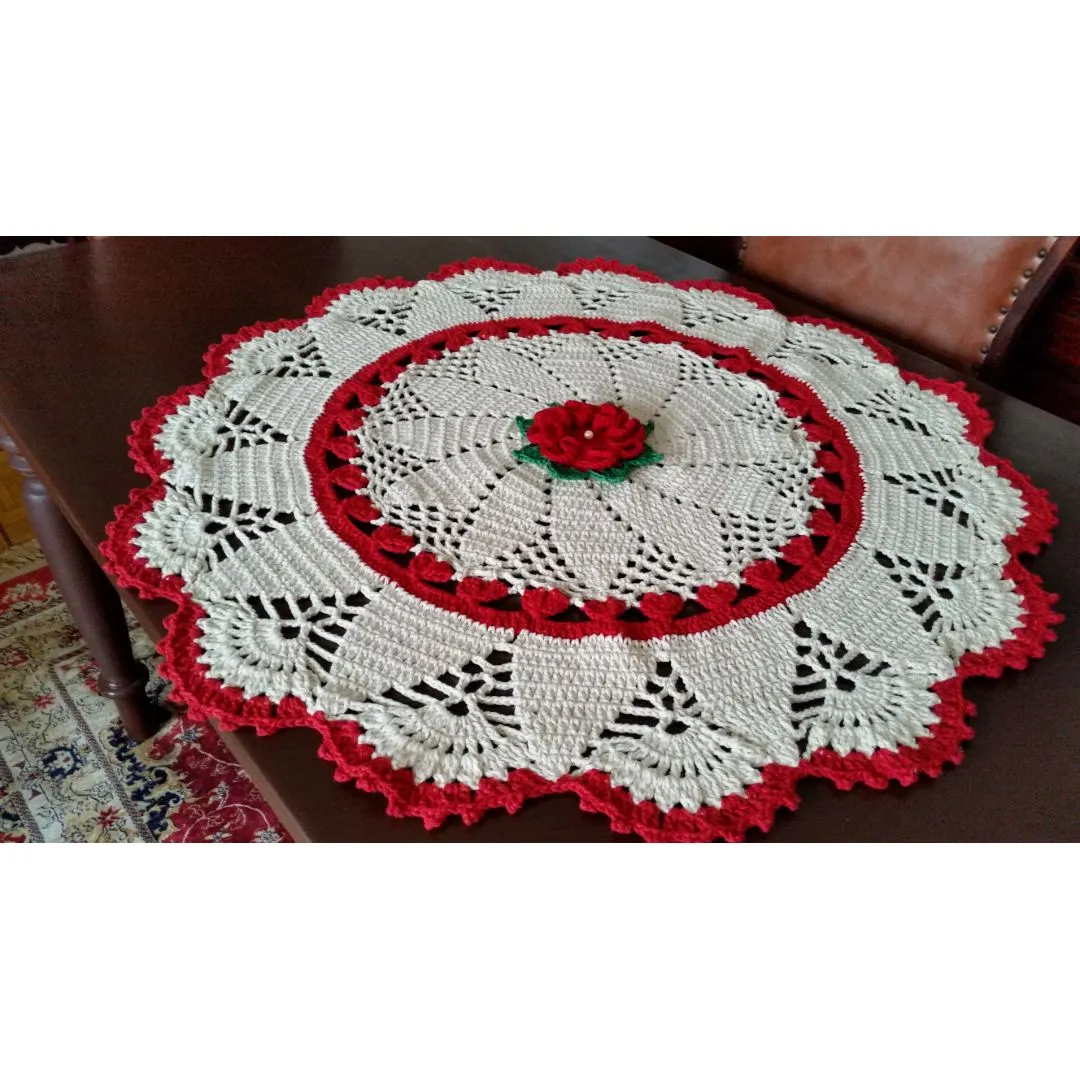 Toalha de Mesa Redonda em Crochê Natural e Vermelho - foto 4