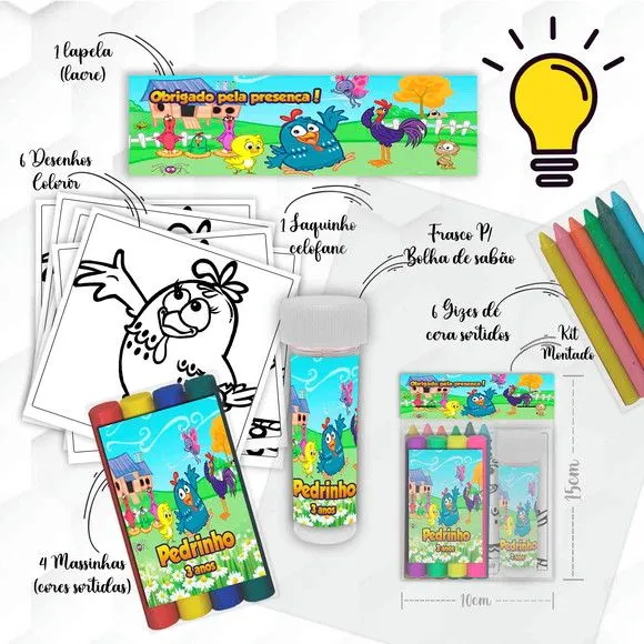 Kit Massinha + Giz + Bolha Galinha Pintadinha Personalizado - feito à mão por Mi Papelaria Criativa
