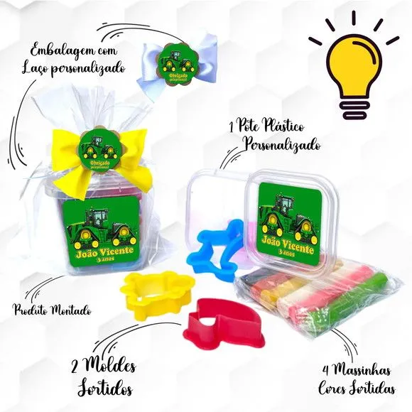 Massinha no Pote com Cortadores Trator Personalizada - feito à mão por Mi Papelaria Criativa