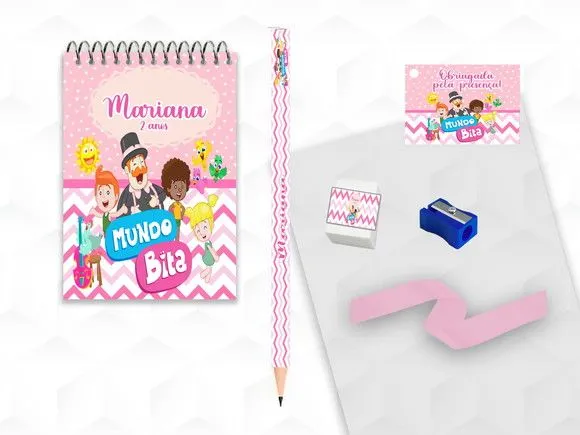 Bloquinho+ Borracha e Apontador Mundo Bita Personalizada - artesanato feito à mão por creativitybynina