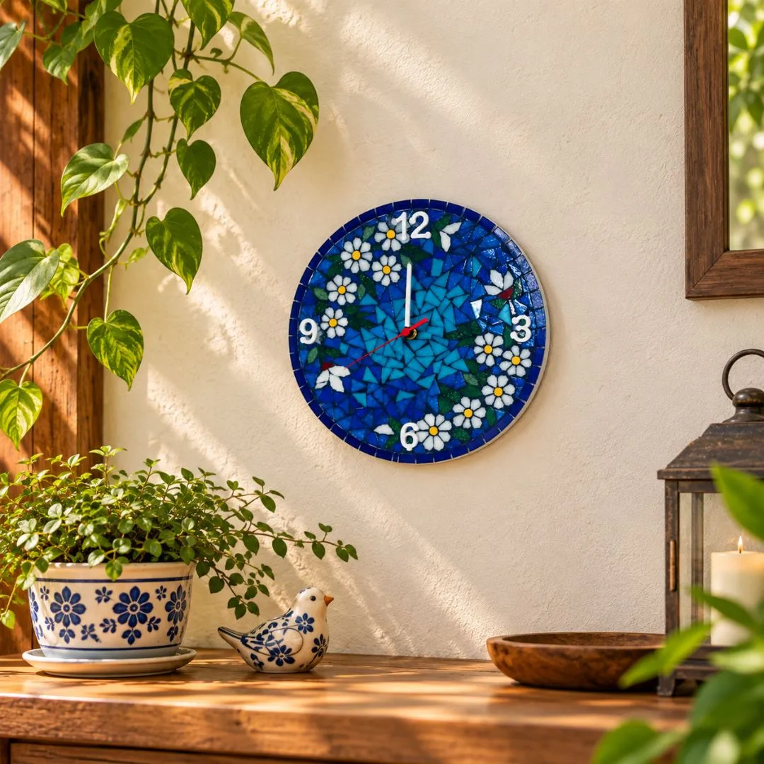 🕒 Relógio Mosaico Jardim Azul - 30 cm - artesanato feito à mão por Crismosaico & madeiras
