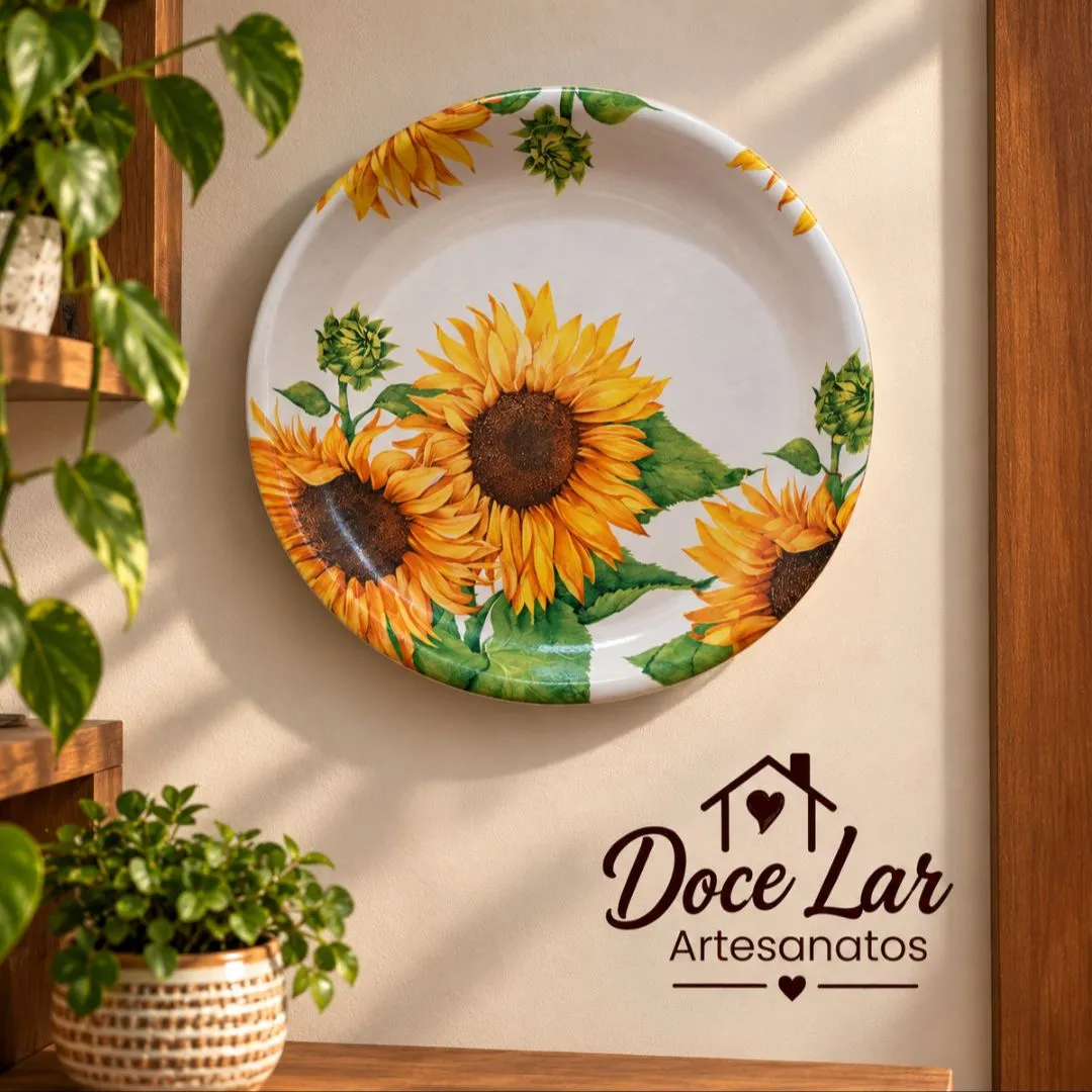 Kit 2 Prato de Parede Enfeite Decorativo De Cerâmica Artesanal Girassol - foto 3