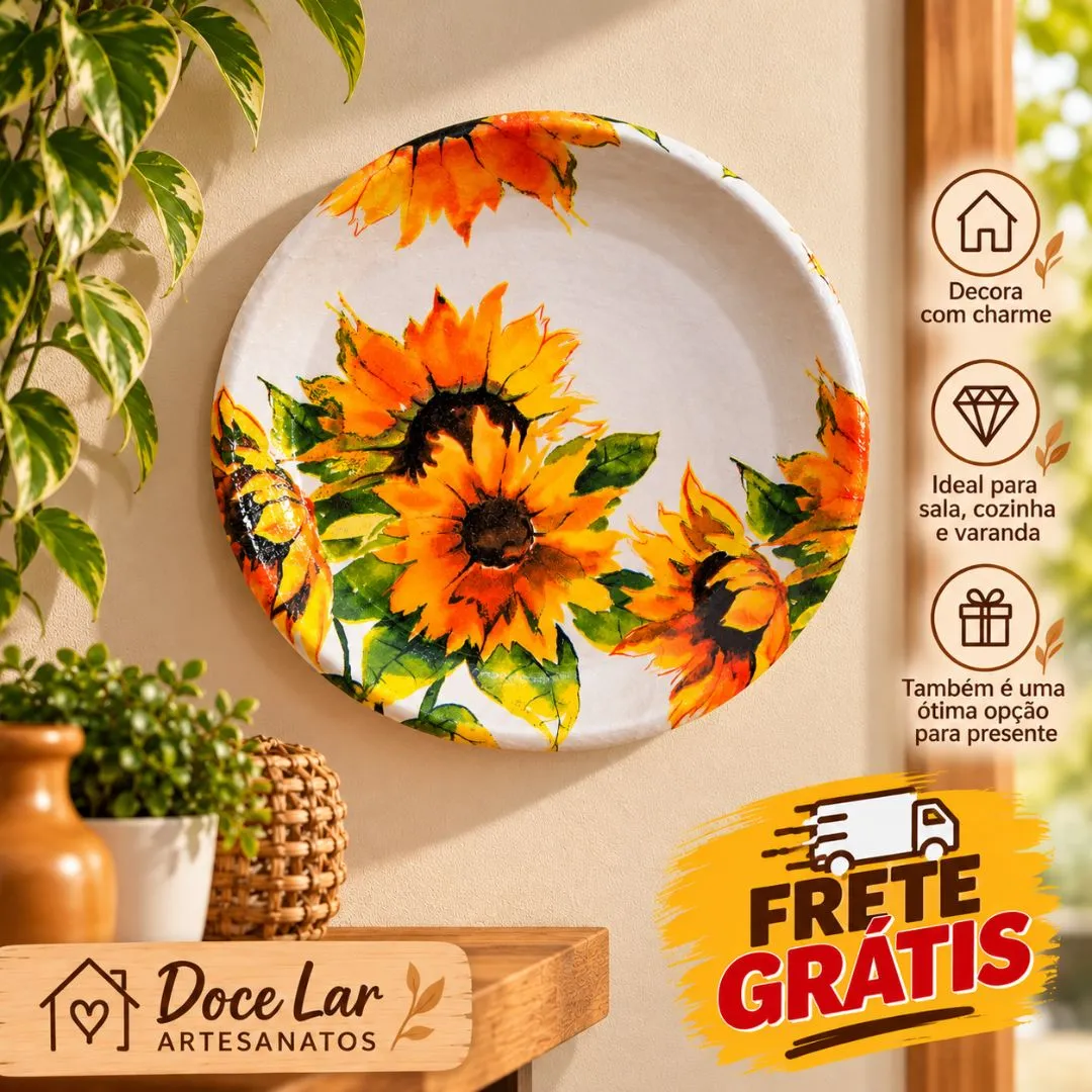 Kit 2 Prato de Parede Enfeite Decorativo De Cerâmica Artesanal Girassol 2 - foto 2