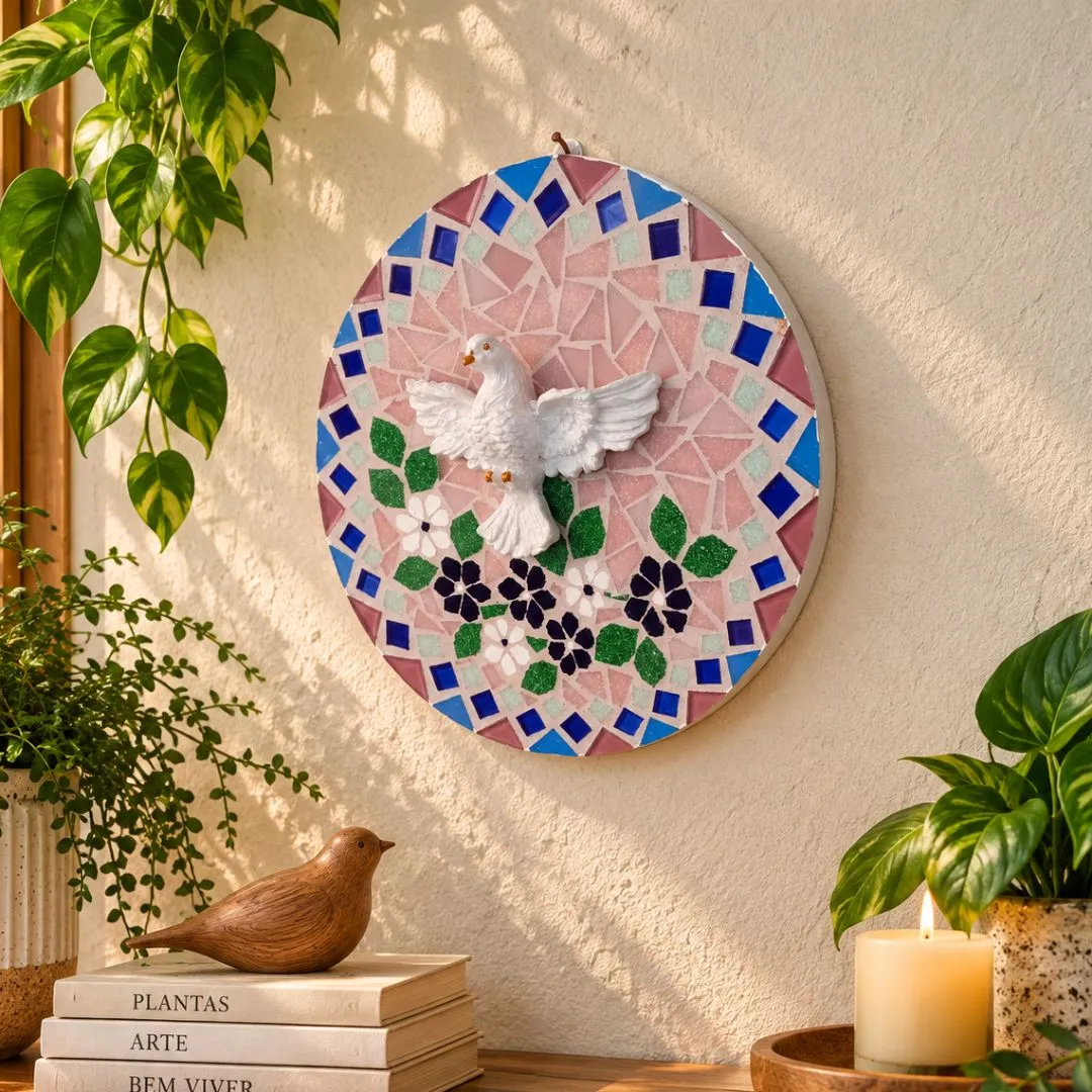 Mandala Divino Espírito Santo com Flores em Mosaico - modelo 3 - artesanato feito à mão por Crismosaico & madeiras
