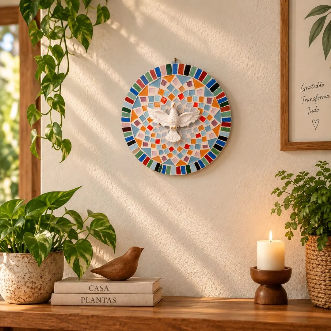 Mandala Divino Espírito Santo em Mosaico de Vidro - modelo 1 - artesanato feito à mão por Crismosaico & madeiras