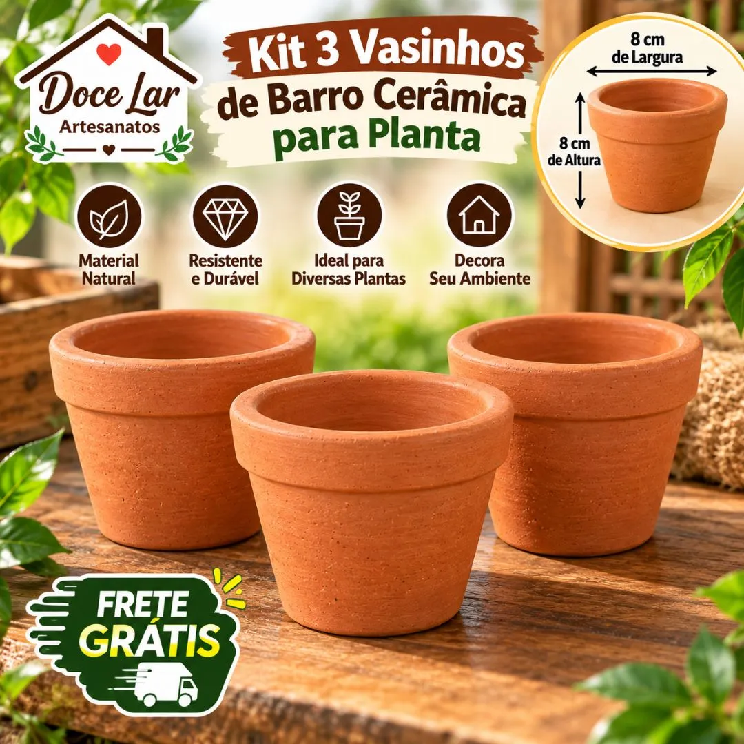 Kit 3 Vasinhos de Barro Cerâmica para Planta 8cm - artesanato feito à mão por Doce Lar Artesanatos