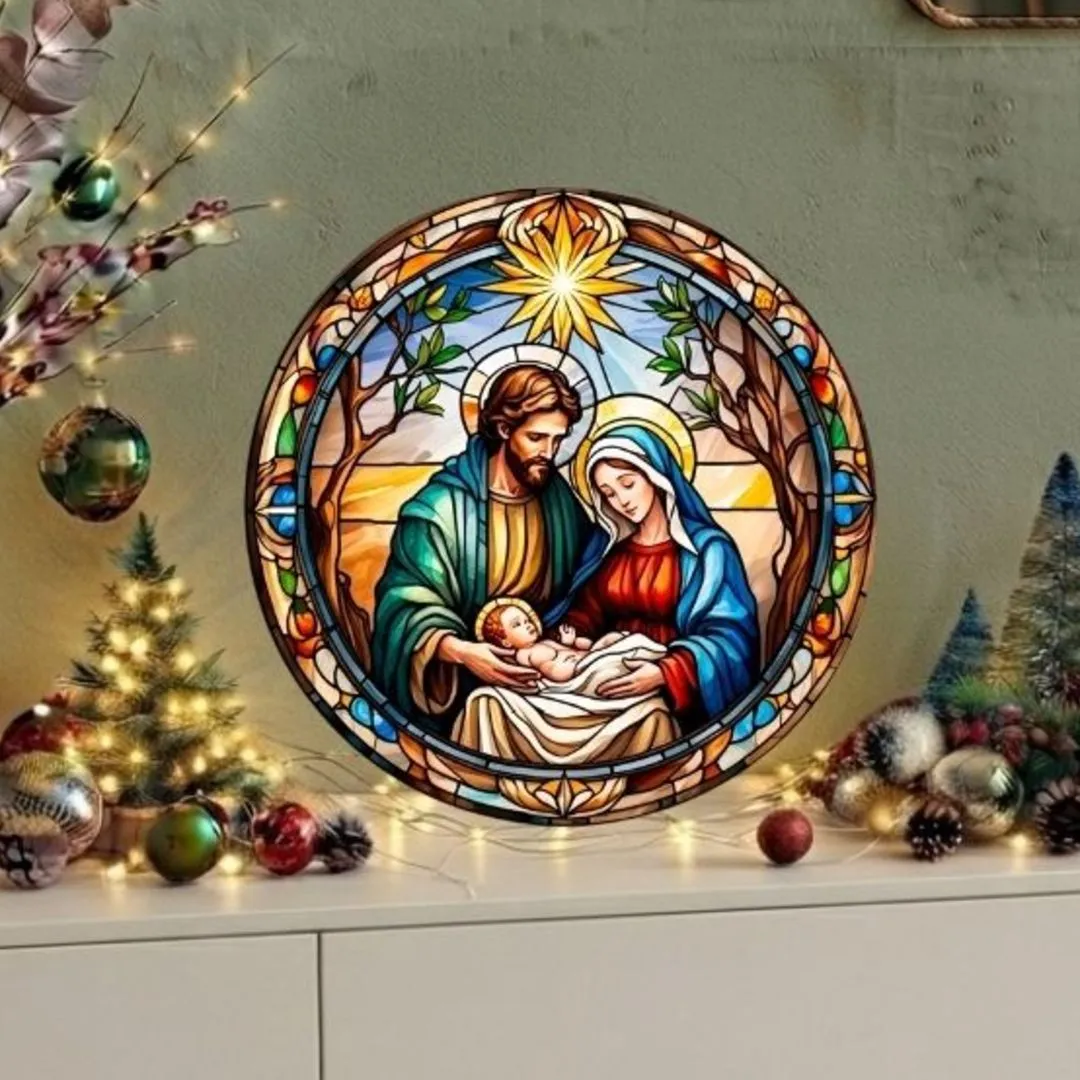 Placa decorativa MDF 35 cm Guirlanda de Natal enfeite de porta Presépio 3 - artesanato feito à mão por Limão e Amora Festas