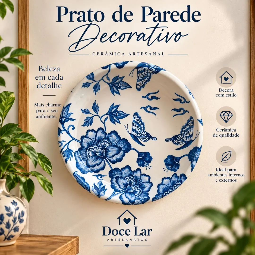 Kit 2 Prato de Parede Enfeite Decorativo De Cerâmica Artesanal Floral - foto 2