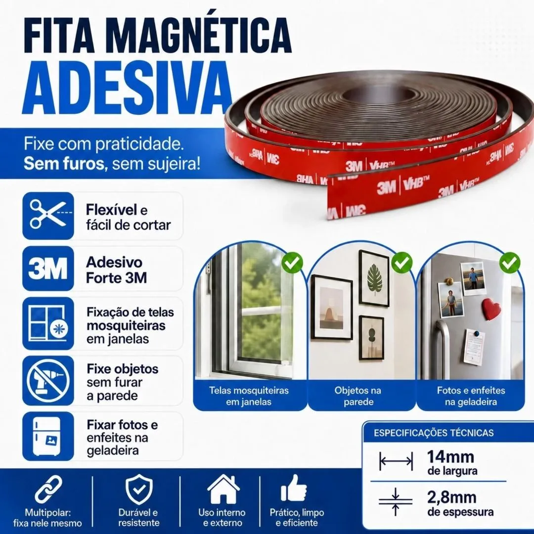 Perfil Magnético Adesivo 3M Fita Magnética Imã Autocolante Flexível para Artesanato Tela Mosquiteira e Brindes em Geral - foto 4
