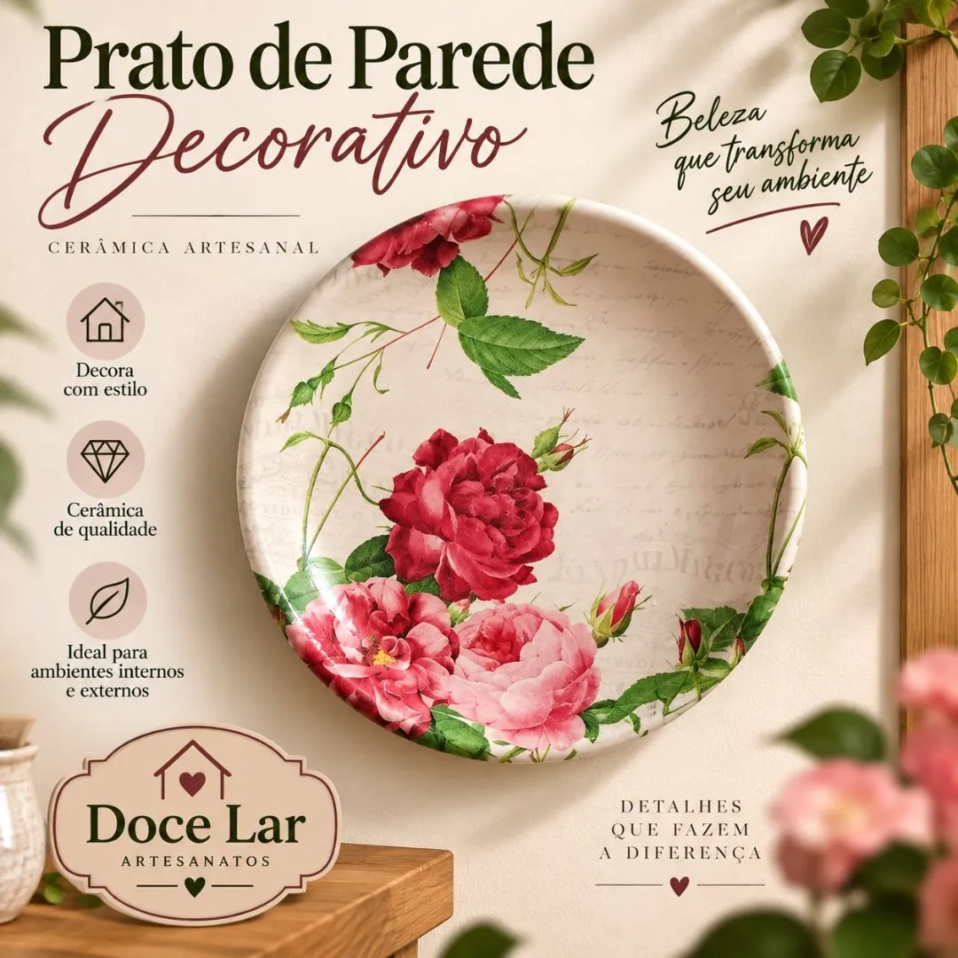 Kit 2 Prato de Parede Enfeite Decorativo De Cerâmica Artesanal Floral - foto 3