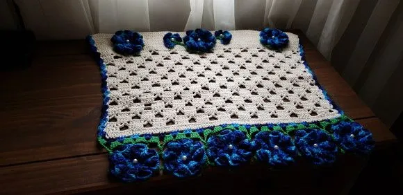 Puxador Forno em Crochê Flores Azul Royal Mesclado - foto 3