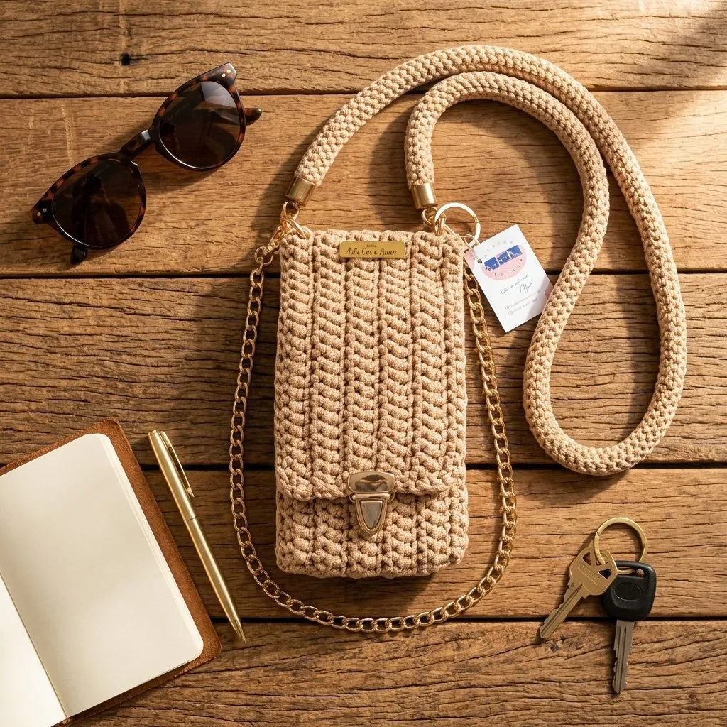 Bolsa porta celular croche fio nylon