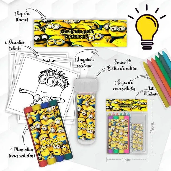 Kit Massinha + Giz + Bolha Minnions Personalizado - artesanato feito à mão por Mi Papelaria Criativa