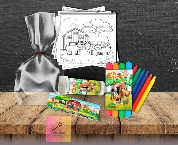 Kit Massinha + Giz + Bolha Fazendinha Personalizado - feito à mão por Artmanha Lembrancinhas