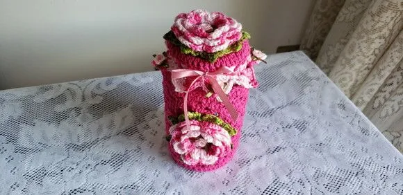 Capa para Potes 500 Grs Crochê Flash Flores Rosa Mesclado - foto 3