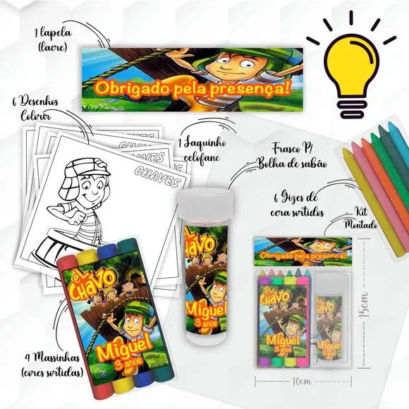 Kit Massinha + Giz + Bolha Chaves Personalizado - feito à mão por Mi Papelaria Criativa