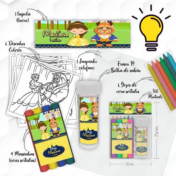 Kit Massinha + Giz + Bolha Bela e a Fera Cute Personalizado - foto 2