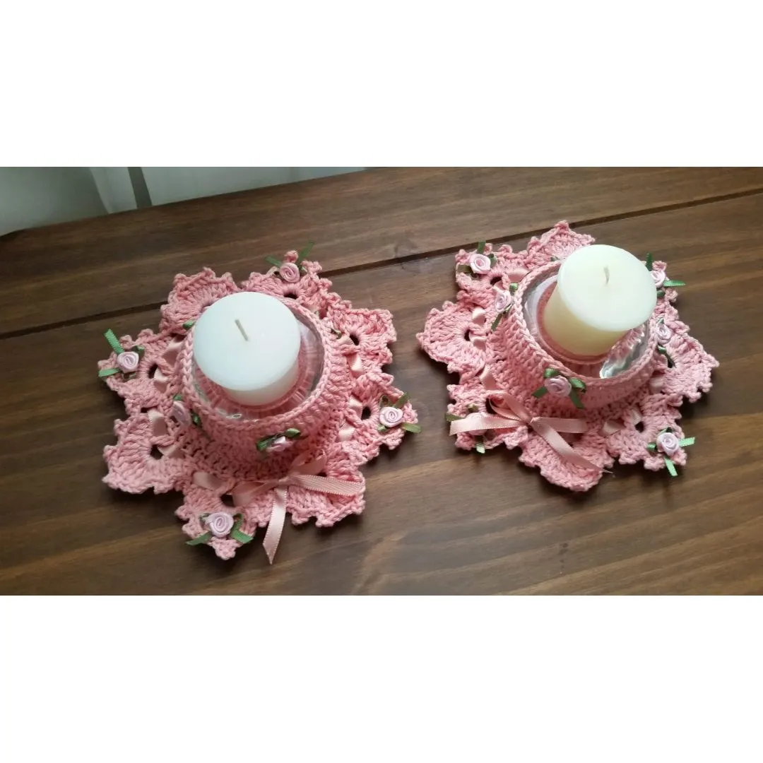 Par de Porta Velas em Crochê Pêssego - artesanato de Mari Crochê feito com carinho!