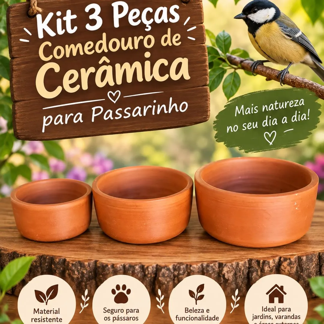 Kit 3 Peças Comedouro e Bebedouro Para Pássaros De Barro Cerâmica - foto 3