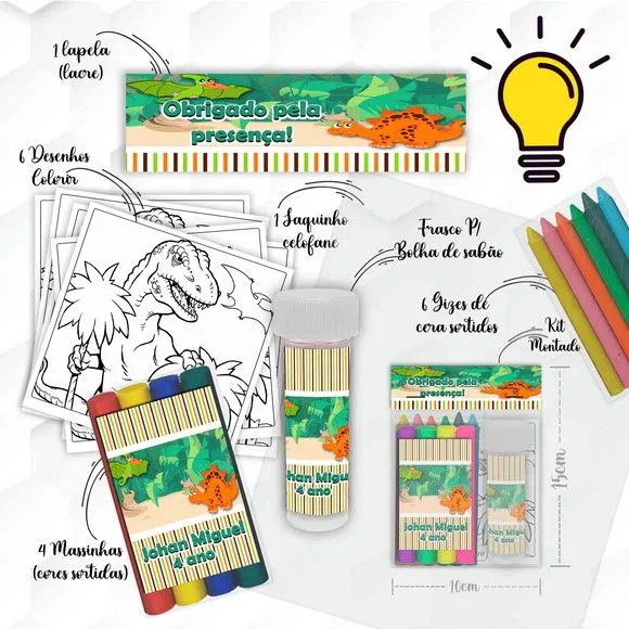Kit Massinha + Giz + Bolha Dinossauro Baby Personalizado - feito à mão por Mi Papelaria Criativa