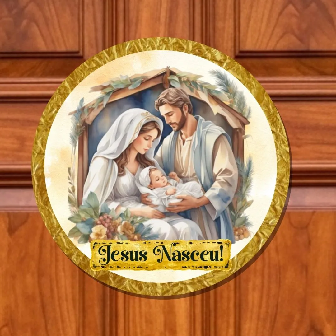 Guirlanda de Natal enfeite de porta Placa decorativa MDF 33 cm Presépio Jesus