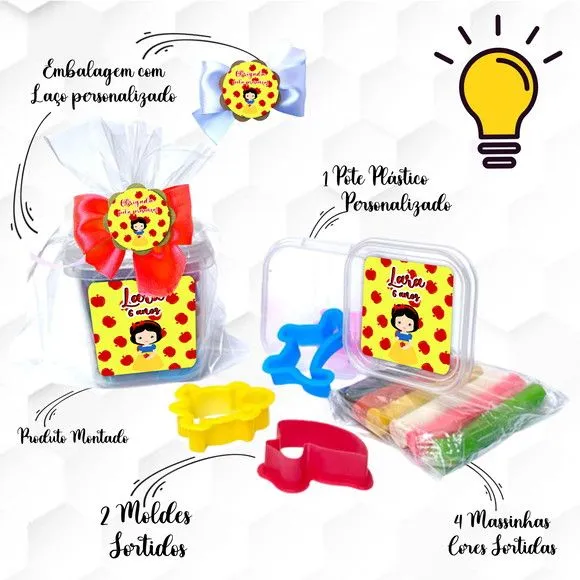 Massinha no Pote com Cortadores Branca de Neve Personalizada - feito à mão por Mi Papelaria Criativa